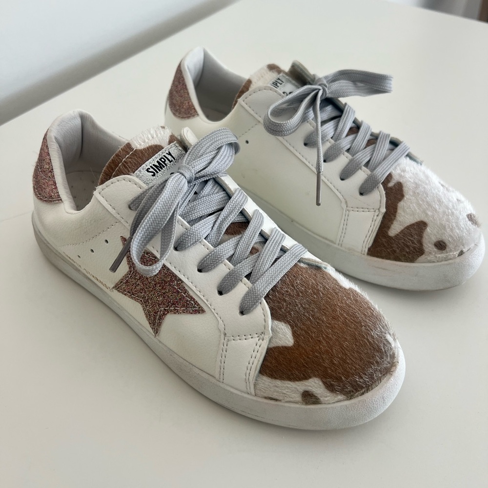 Simply Southern Fancy Sneakers Glitter Stat Cow Print Size 6